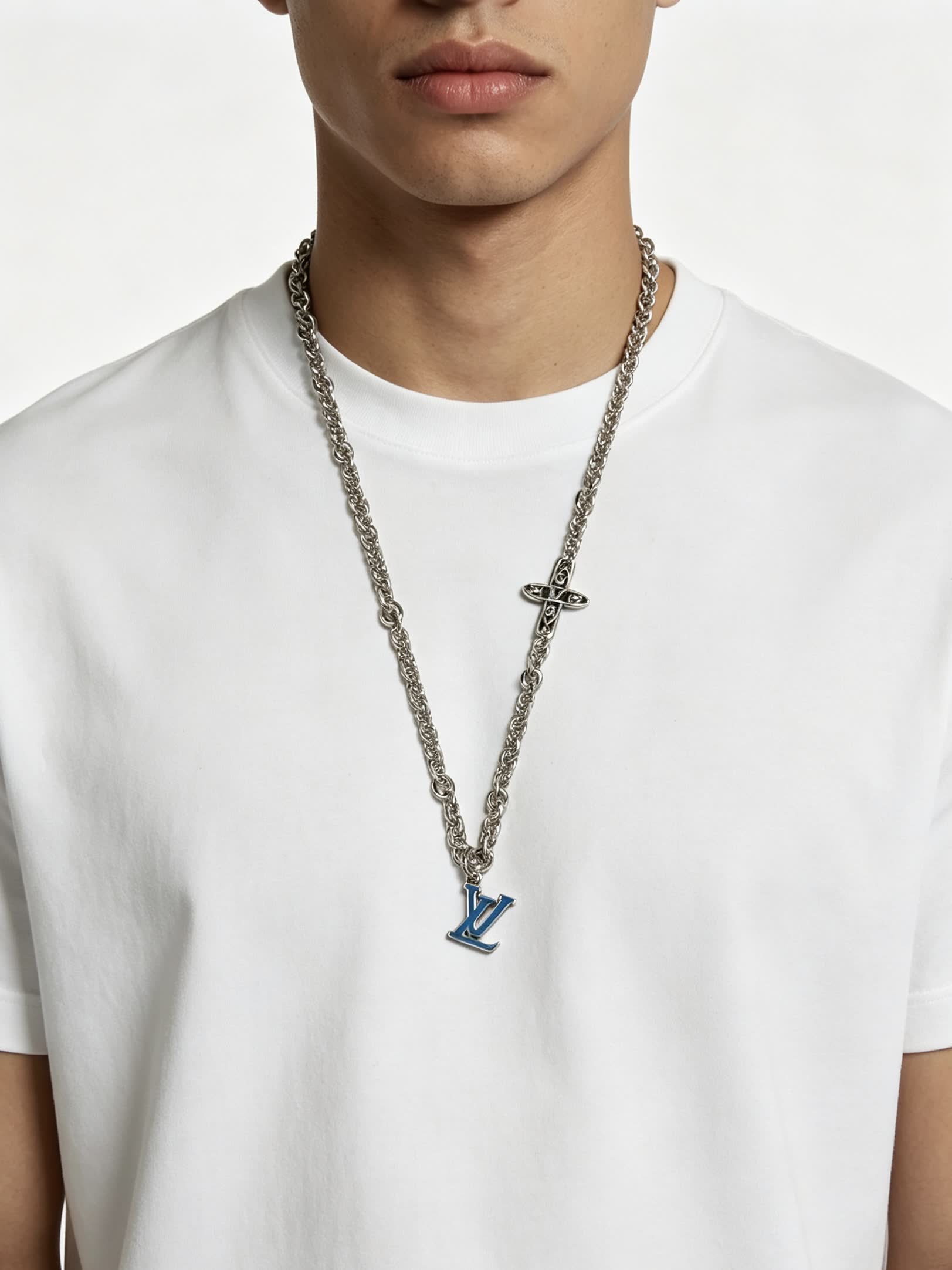 Louis Vuitton Silver Chain Necklace with LV Logo